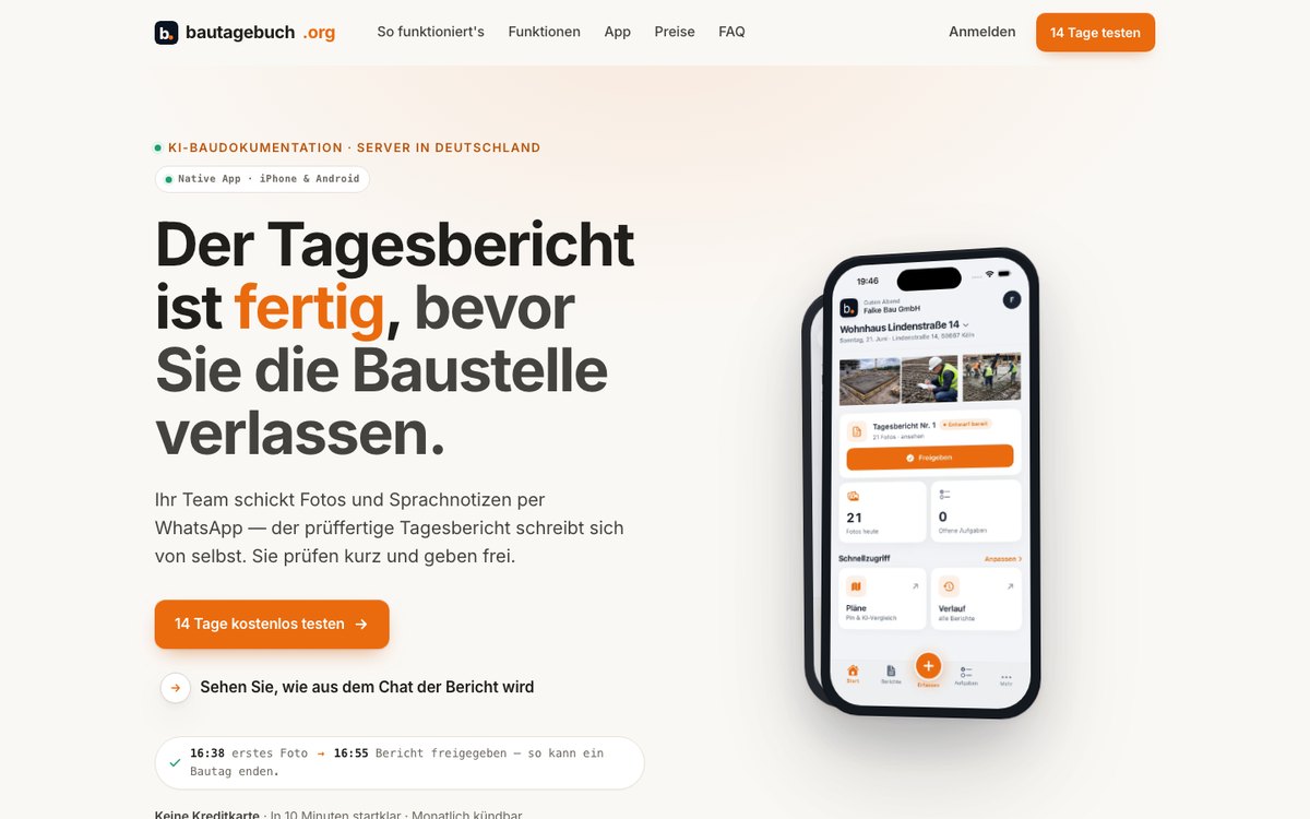 Startseite von bautagebuch.org mit einem fertigen Tagesbericht