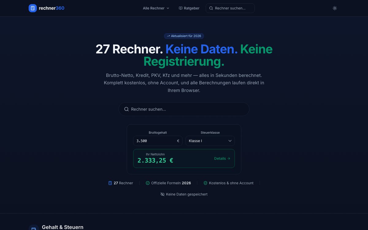 Startseite von rechner360.de mit einem Brutto-Netto-Rechner